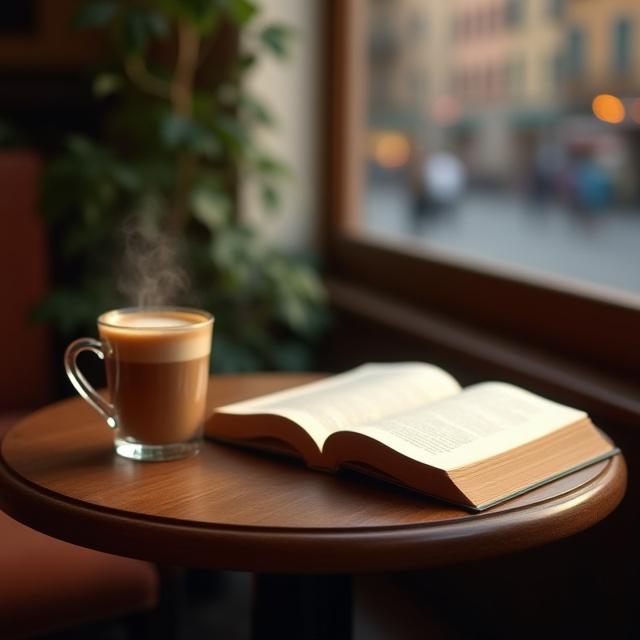Un tavolino rotondo con una tazza di cappuccino e un libro aperto accanto a una finestra.
